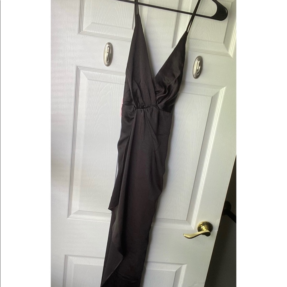 Jayne Twist Front Maxi Black Satin Dress